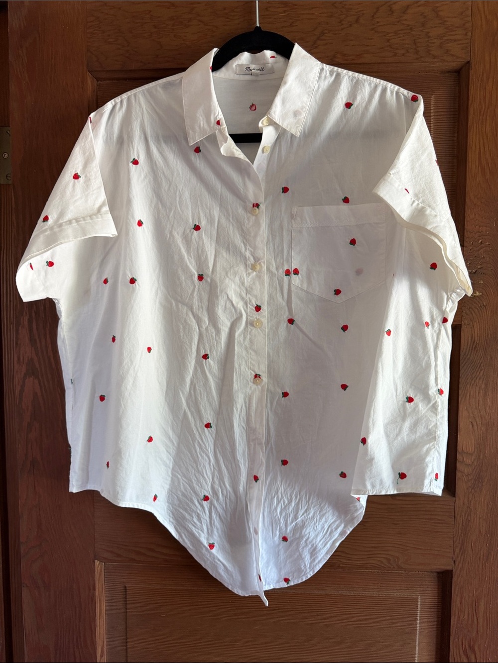 Madewell Embroidered Short-Sleeve Tie-Front Shirt Strawberry Print Size M - Picture 8 of 11